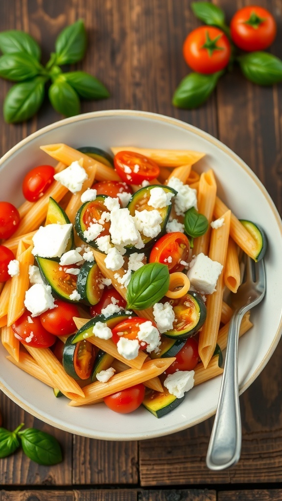 Feta and Vegetable Pasta Recipe A vibrant bowl of pasta with feta cheese and assorted vegetables, garnished with basil on a wooden table.